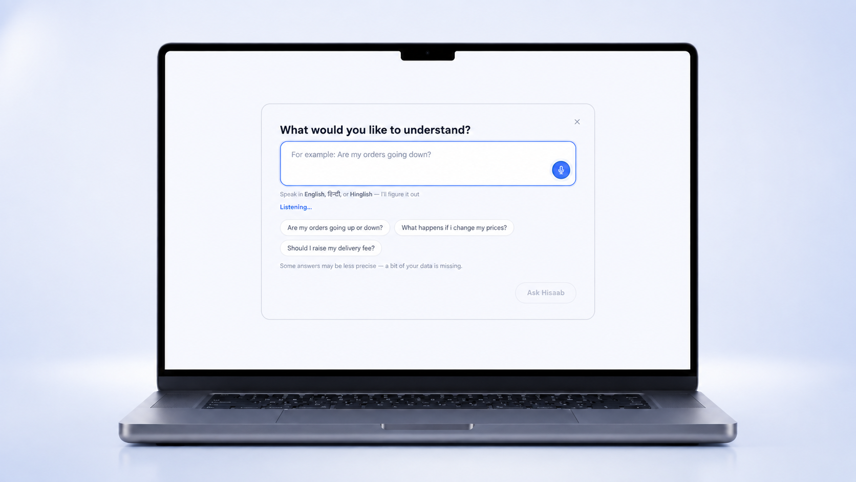 Hisaab question input with voice and suggested business questions