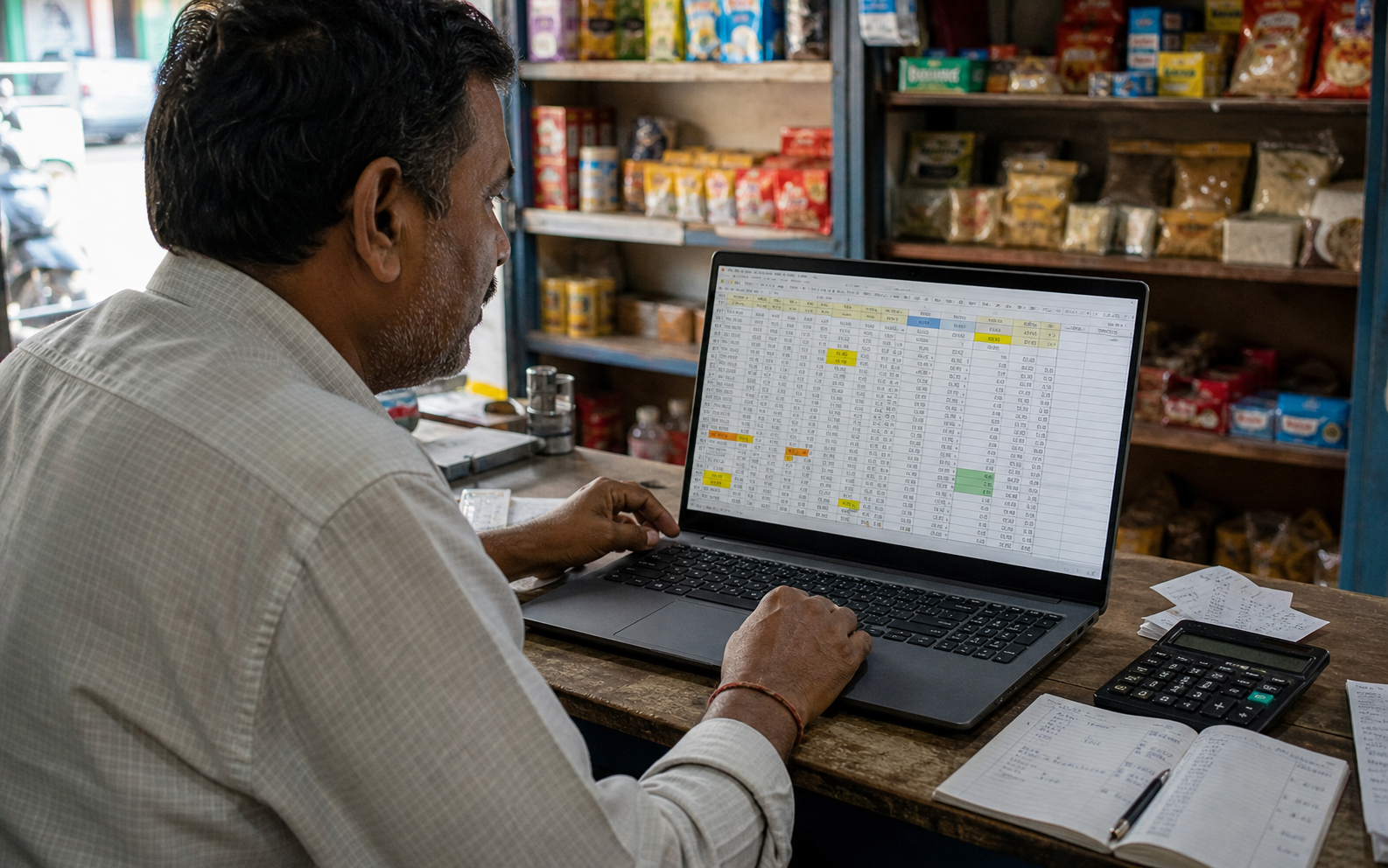 A small retailer reviewing a messy sales spreadsheet on his laptop
