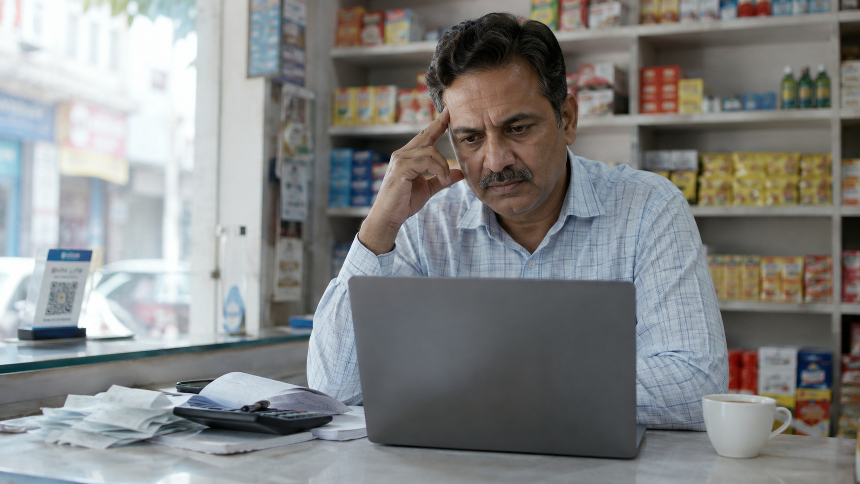A small retailer reviewing business data at his shop