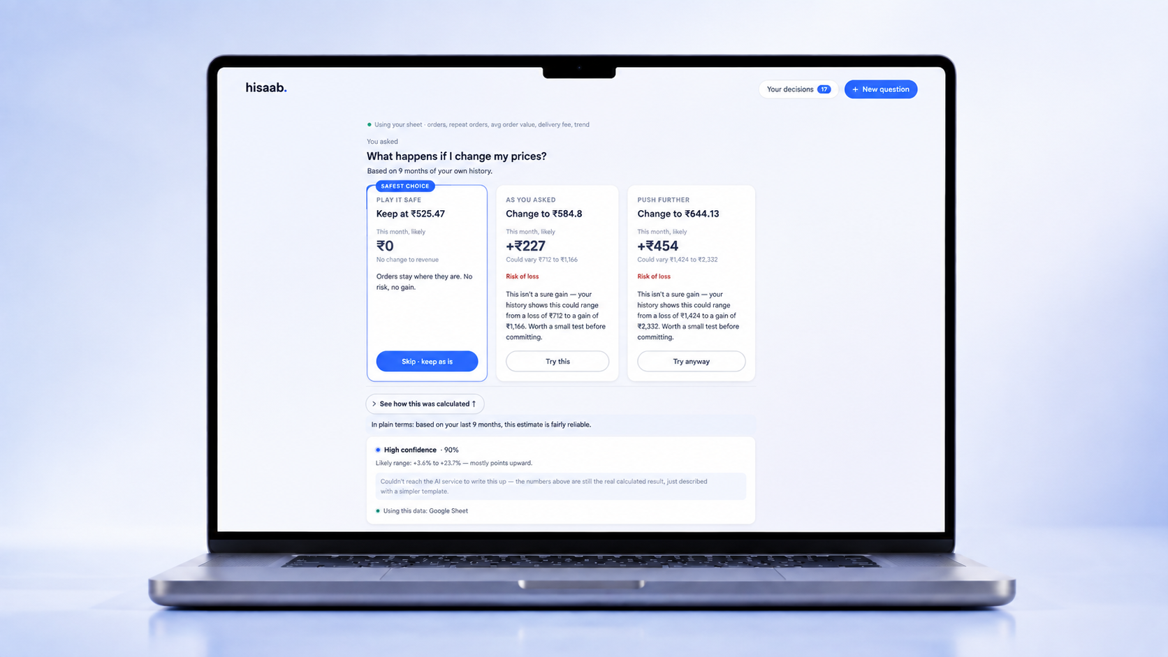 Hisaab decision-support result with pricing options, confidence, range, and transparent system status
